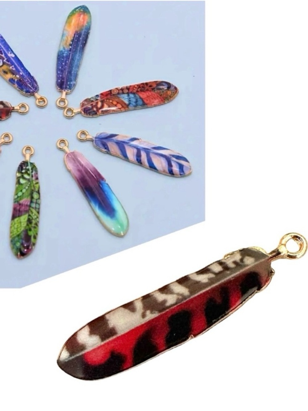 🔴 5 for $10 ONE Colorful Enamel Feather Pendant Charm Boho Jewelry Making